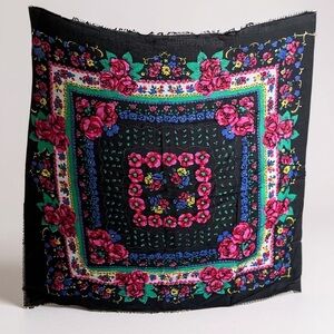 The Bay Vintage Ukrainian Wool Floral Fringe Wrap Scarf Shawl Russian France Big